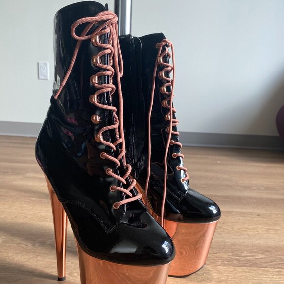 Pleaser Boots - Black/Rose Gold Chrome (Size 11) Flamingo 1020 - Pole Heels - Picture 1 of 4